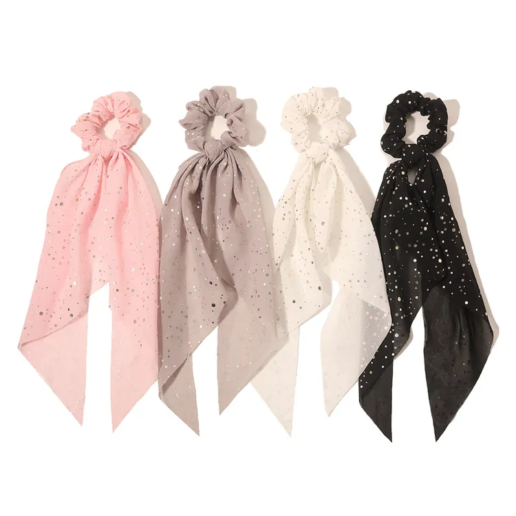 春季新款烫金点子雪纺三角巾打结大肠圈长飘带女士女孩发圈发饰