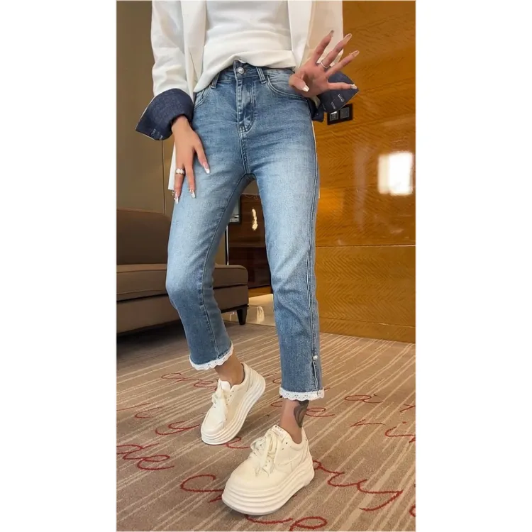 Aimeerosa/艾洛莎牛仔裤弹力显瘦八分裤潮流小众开叉蕾丝直筒裤女