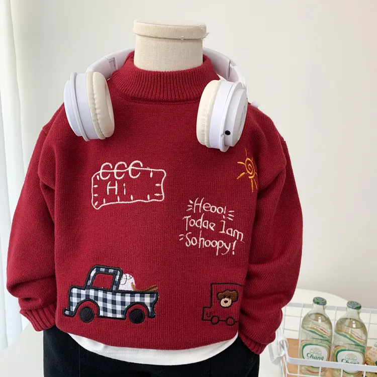 儿童红色圆领毛衣2025秋冬男女童刺绣针织打底衫圣诞毛线衣拜年服