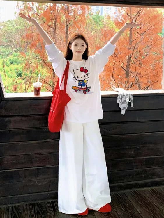 【网红同款】100%纯棉长袖t恤女新款甜美卡通春秋宽松休闲百搭上衣