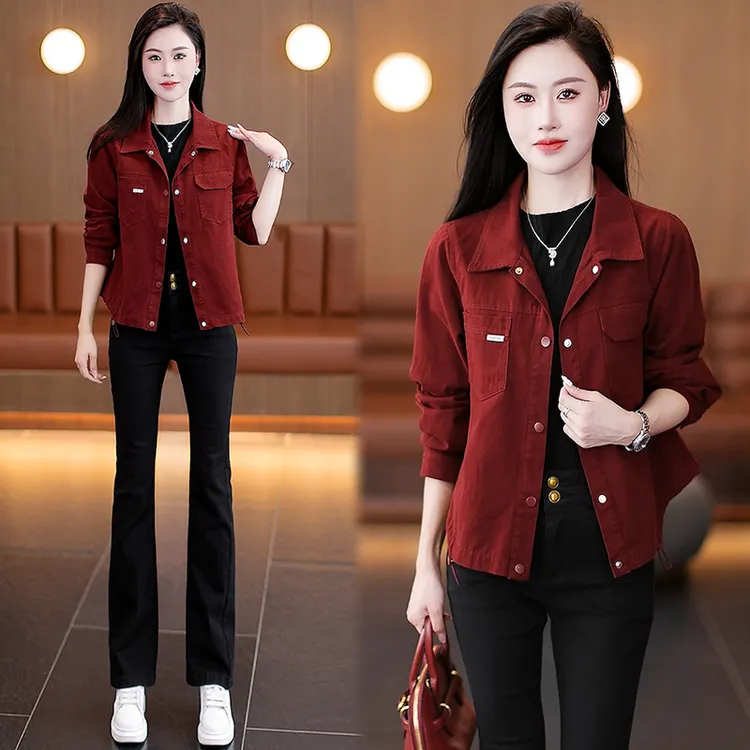 极简风翻领短外套女2025秋季新款小格子时尚百搭口袋短款夹克通勤