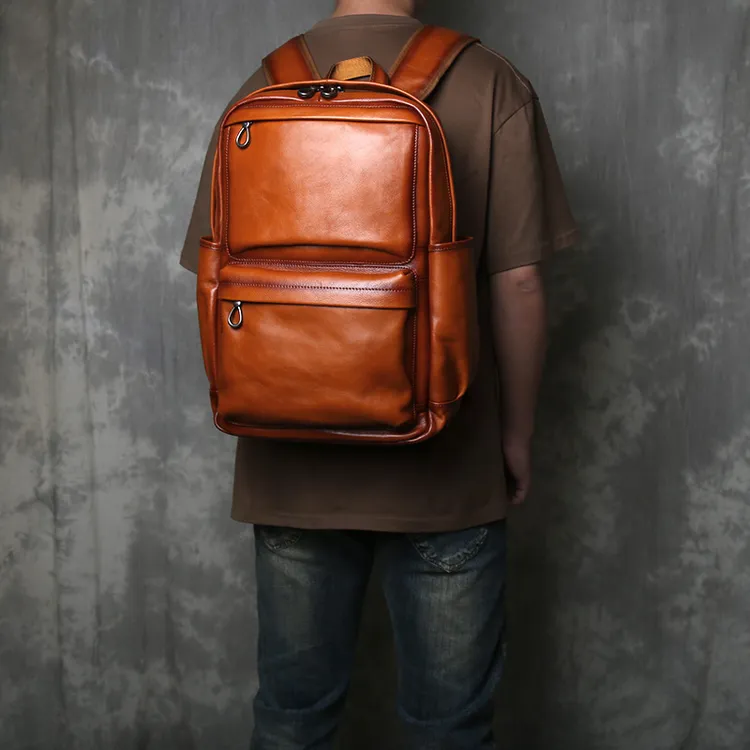 复古潮流欧美时尚百搭韩版户外男士双肩包大容量真皮休闲电脑背包