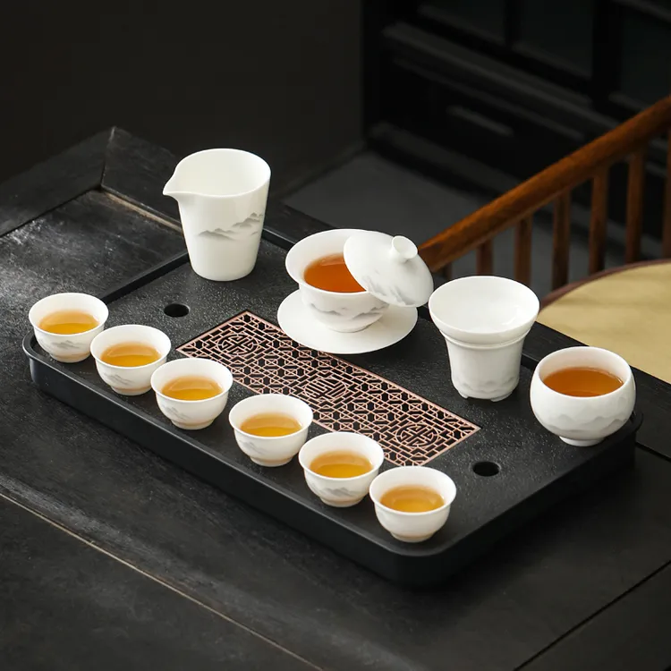 水墨群山白瓷功夫茶具悬停盖碗高端简约家用整套办公室泡茶盘专用