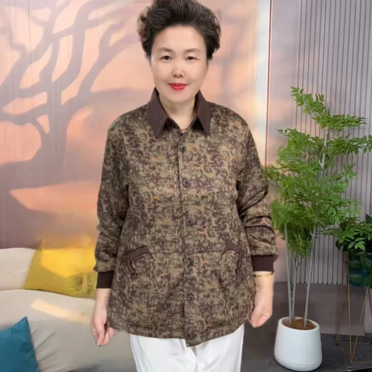 春秋大码中老年气质碎花妈妈装翻领时尚宽松长袖洋气休闲百搭上衣