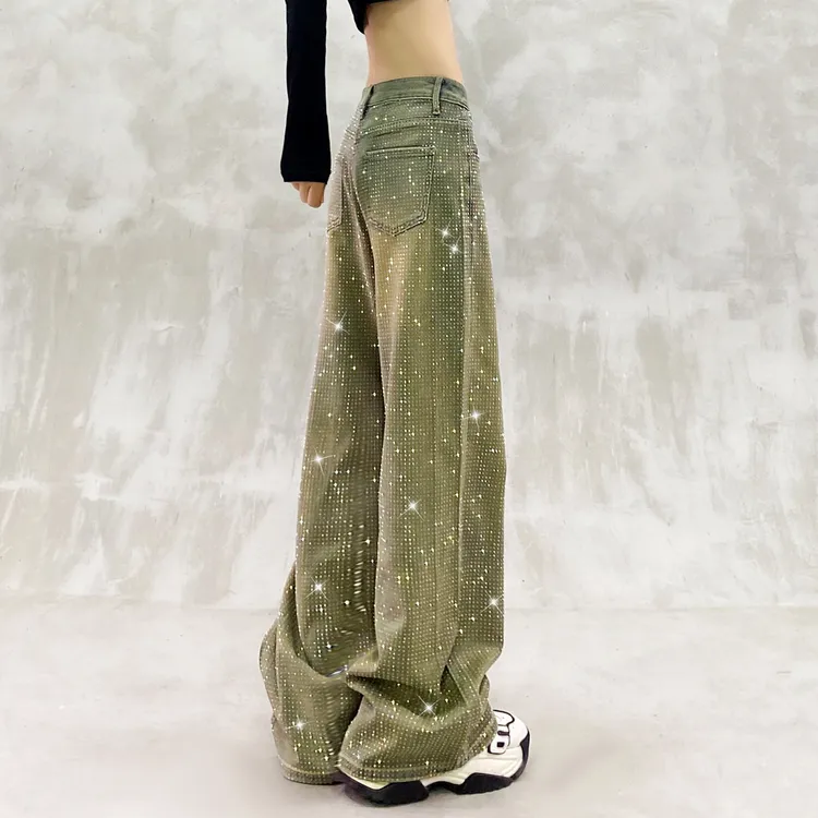 闪亮烫钻满天星做旧色休闲牛仔裤女秋新款高腰宽松显瘦百搭直筒裤
