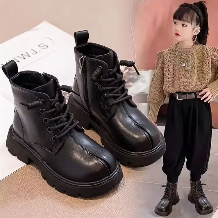 ABC儿童靴子男童秋冬新款马丁靴女童靴子英伦风软底防滑棉靴加绒