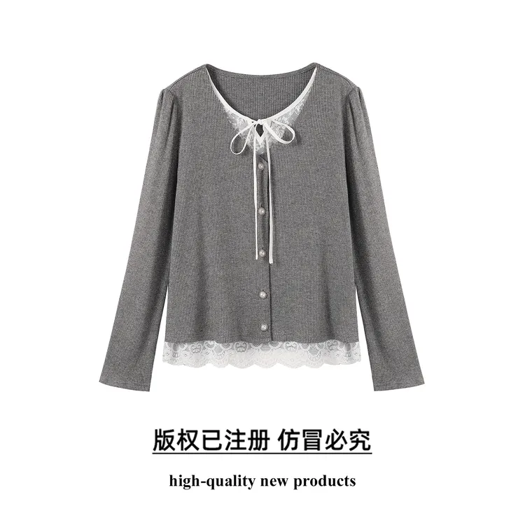 奢姿大码女装2025秋季胖妹妹时尚蕾丝拼接针织开衫气质减龄上衣