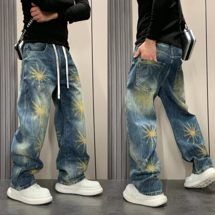 冬季重磅复古牛仔裤男潮流百搭痞帅宽松烟花印花设计高街潮流长裤