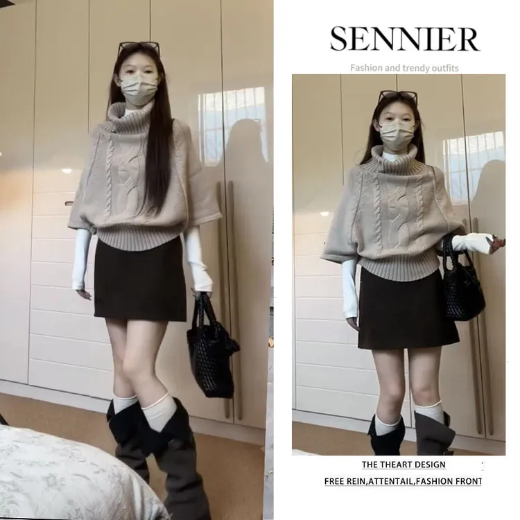 今年流行穿搭女2025秋季新款高领斗篷针织衫内搭长袖短裙三件套装