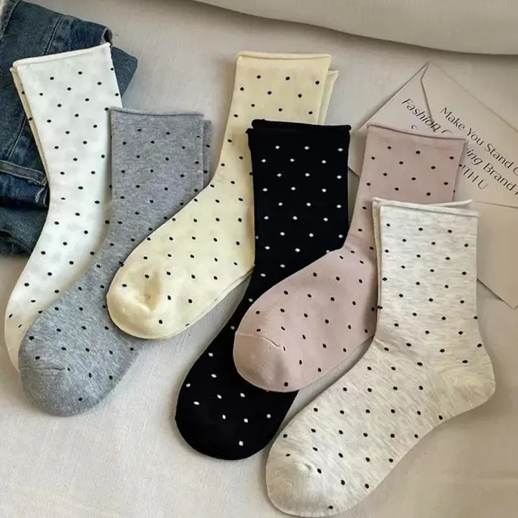 波点袜子女中筒袜春秋纯棉日系白色圆点卷边ins潮韩版长袜女夏季