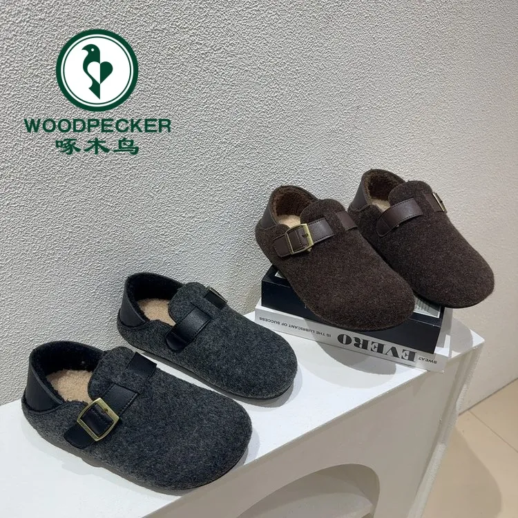 啄木鸟两穿勃肯鞋女秋冬2025新款厚底全包灰色一脚蹬加绒毛毛鞋