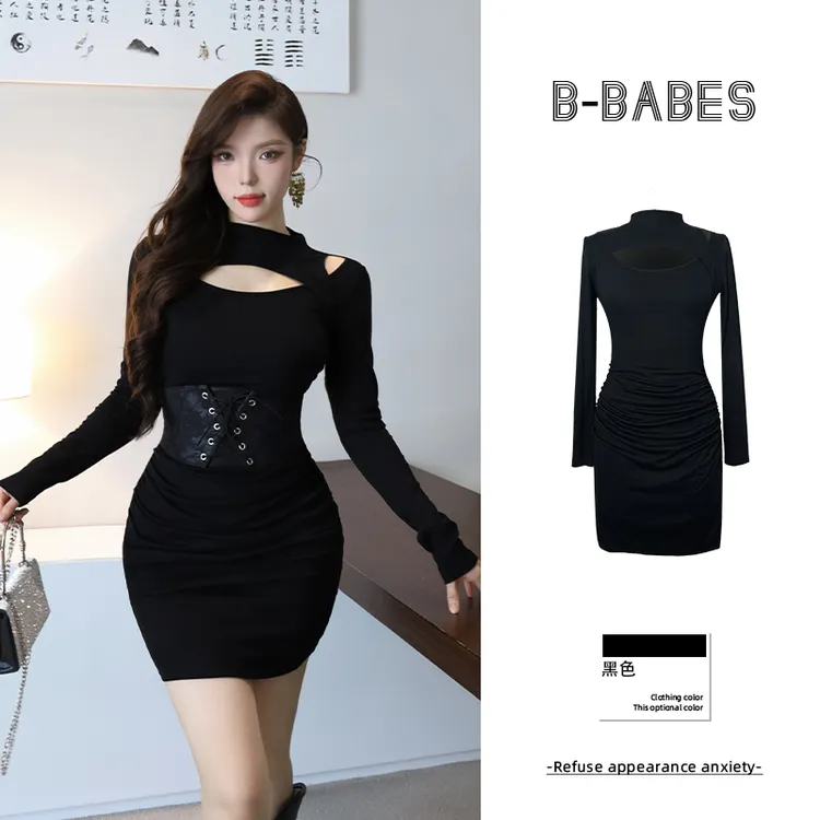 B-babes【黑色语言】气质半高领长袖褶皱连衣裙微胖修身遮肉包臀裙