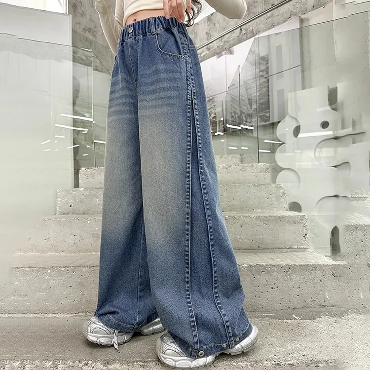 女童牛仔裤秋款2025中大童女孩秋款潮酷美式侧边钉扣拼接阔腿裤子