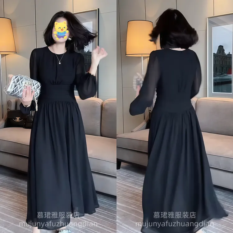 法式连衣裙女春夏2025新款高端轻奢气质薄款长袖雪纺赫本风小黑裙