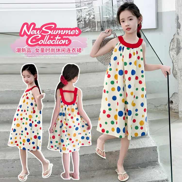 连衣裙甜美夏季波点圆点女童中大童儿童洋气时尚休闲宝宝薄款无袖