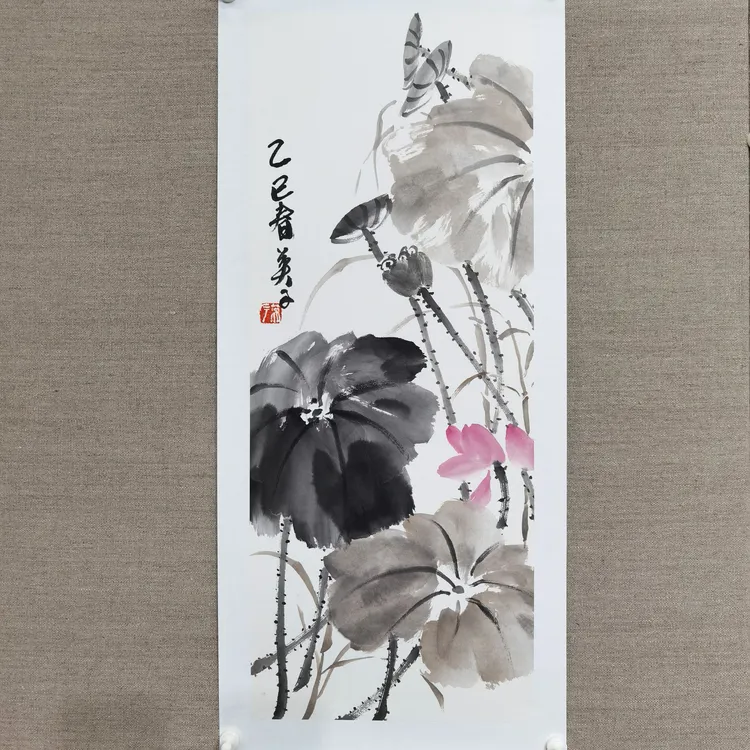 王焕英写意花鸟画荷花作品1纸本（28cmx69cm）家居装饰办公室酒店