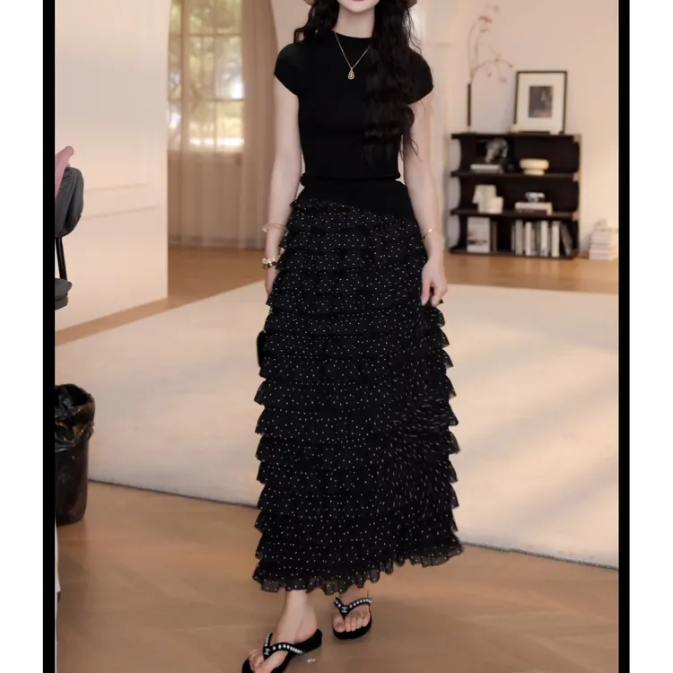 2025春夏新款半高领短袖针织衫+波点半身裙LK2502291