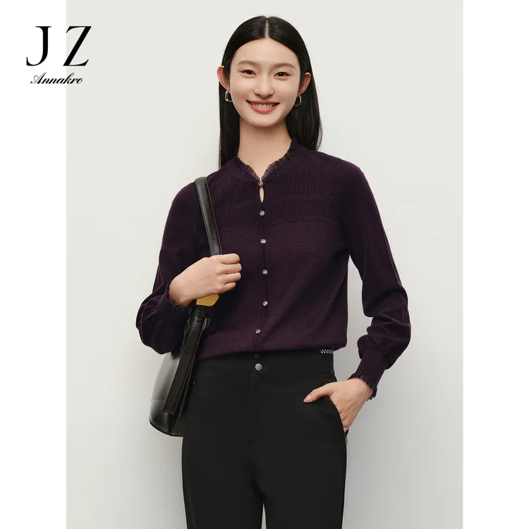 玖姿安娜蔻JTEQ31008优雅轻熟风花边袖套头针织衫女2024秋