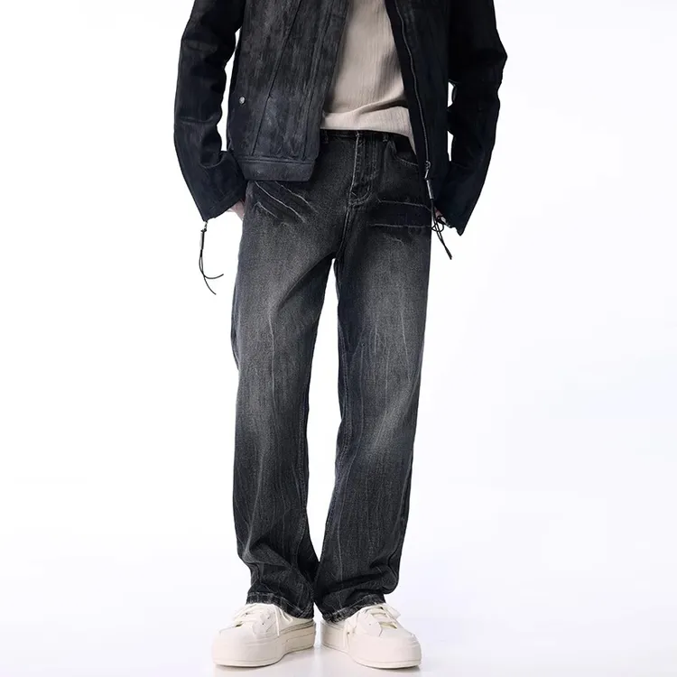 Cebrodz春季新款黑灰色牛仔裤男士直筒宽松裤子水洗窄版阔腿长裤