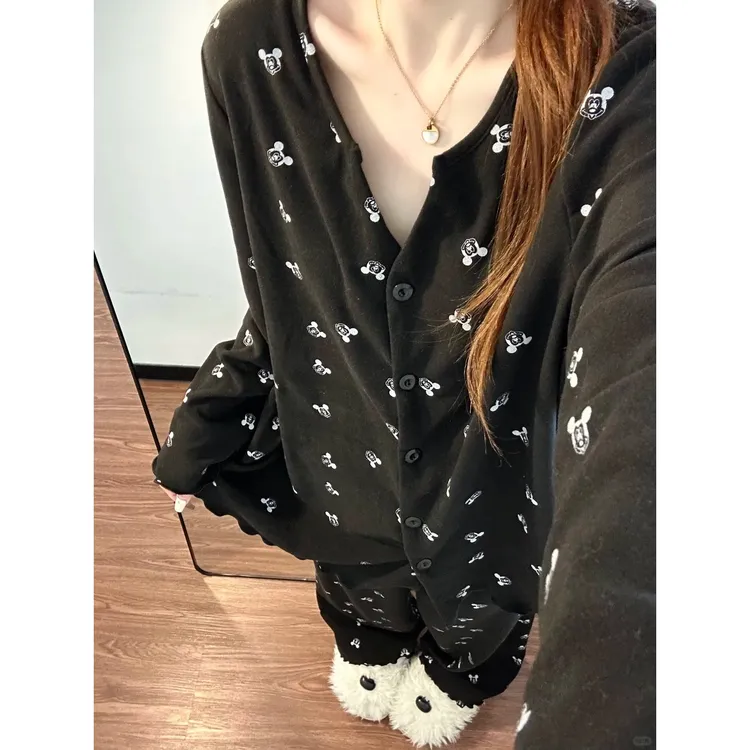 韩版黑色卡通米奇印花德绒睡衣女秋冬季保暖休闲家居服套装可外穿