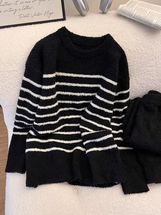 【DMXJ大梦想家】条纹长袖珊瑚绒睡衣女冬季新款毛绒针织家居服套装