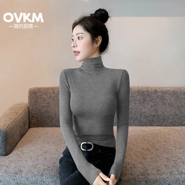 OVKM灰色高领打底衫女2025新款春秋冬内搭长袖紧身洋气针织修身上