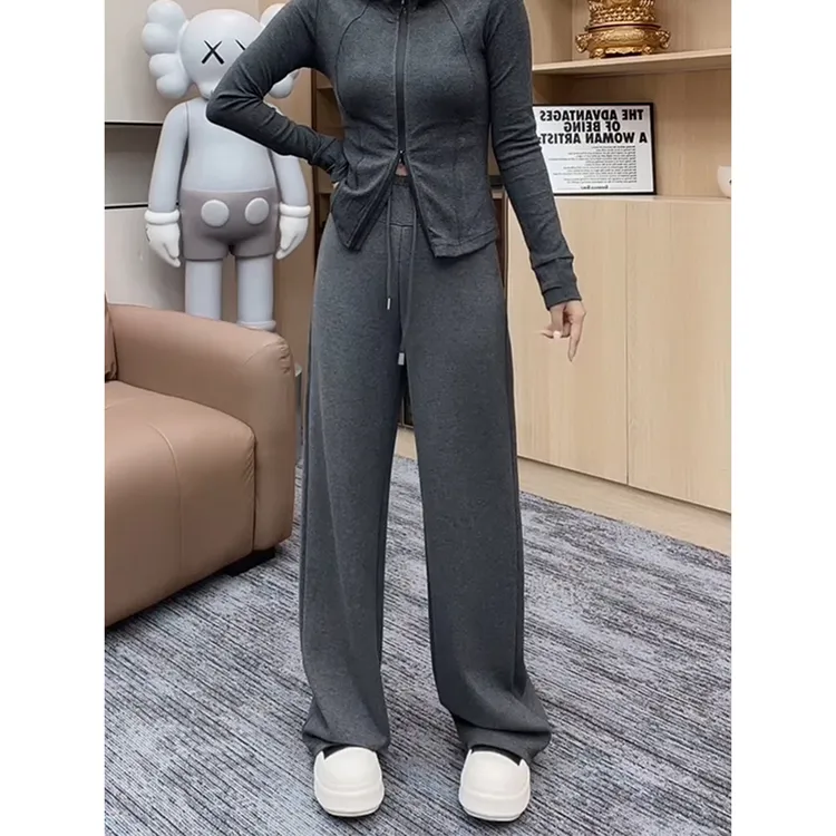大码高腰灰色直筒阔腿裤女秋季新款胖妹妹宽松显瘦百搭拖地休闲裤