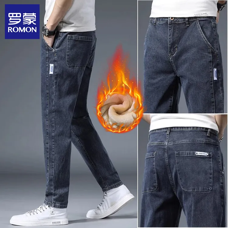 罗蒙高端牛仔裤男士弹力直筒潮牌流2025秋冬季百搭加绒休闲裤子男