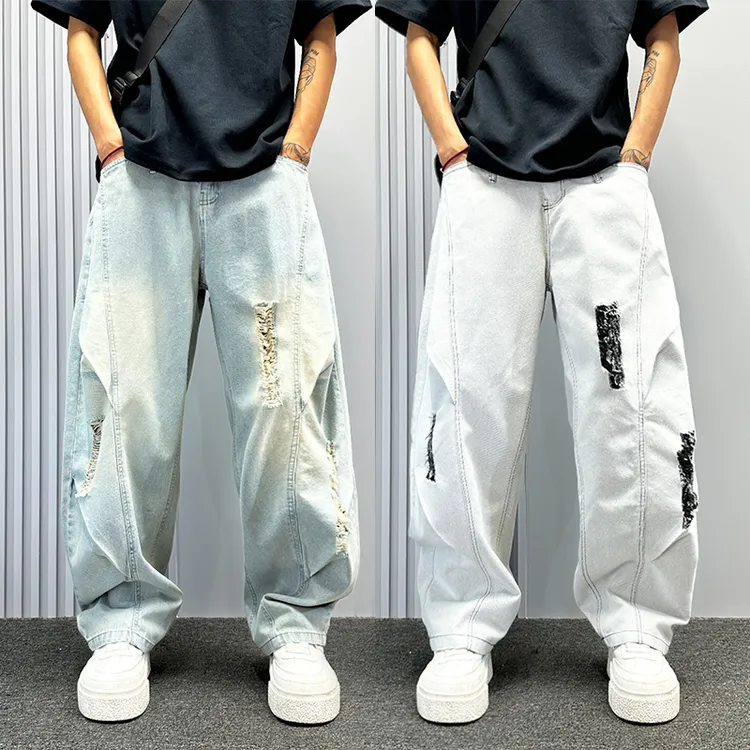 美式高街双斜切破洞牛仔裤男夏薄款宽松阔腿弯刀裤痞帅潮牌直筒裤