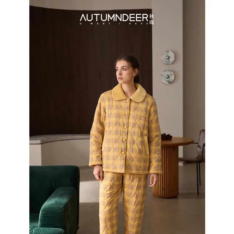 秋鹿针织单面印花夹棉扣领长袖长裤女套保暖