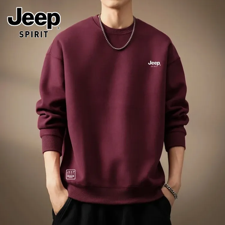 JEEPSPIRIT吉普高端简约酒红色卫衣男秋冬季宽松圆领长袖打底衫男