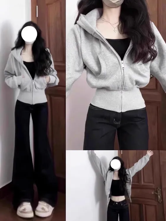 X·LACE外套灰色短款卫衣女秋冬韩系修身收腰连帽上衣早秋季穿搭