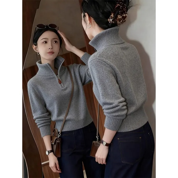 韩系灰色慵懒风撞色翻领针织衫女2025秋季新款休闲百搭显瘦毛衣潮