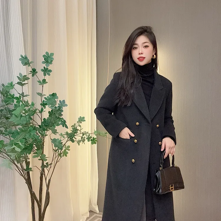 C.G 冬季女装新款羽绒大衣中长款百搭双排扣翻领外套加绒加厚保暖