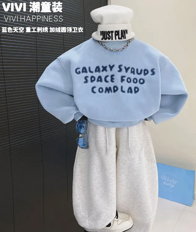 VIVI童装2【蓝色天空】冬款亲子装中大童洋气显白刺绣加绒圆领卫衣