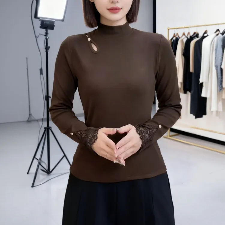 加绒打底衫冬新款纯色袖口蕾丝拼接设计感半高领保暖长袖上衣女