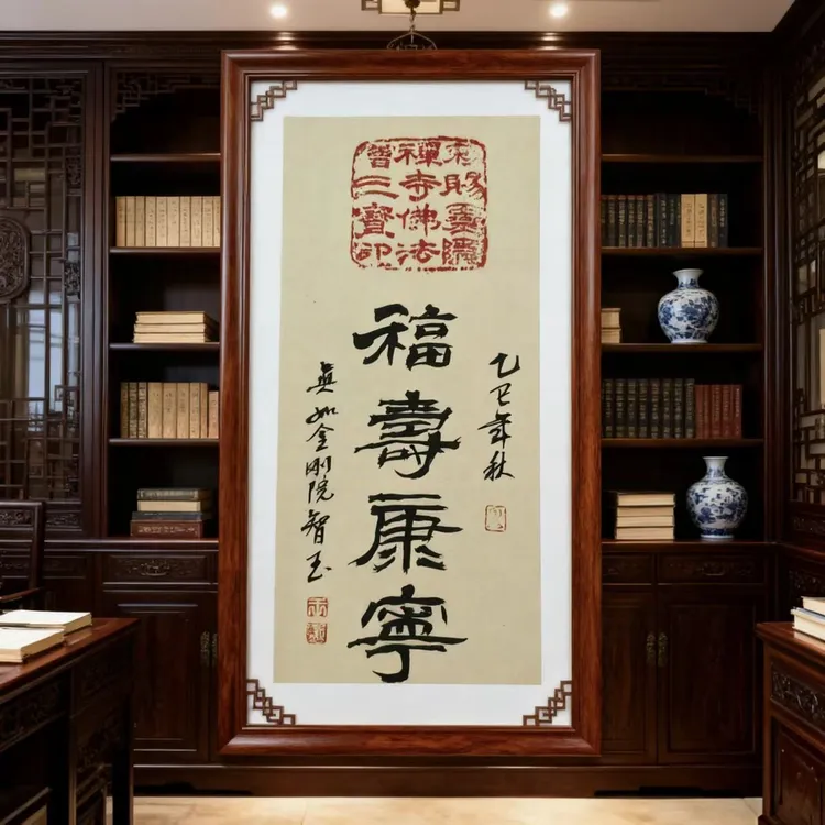 【九圣文化】挂画手工【福寿康宁】  手工印，手工提笔
