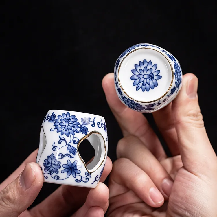 高档青花茶壶盖碗盖子底座白瓷青花瓷描金盖置复古青花壶置盖托