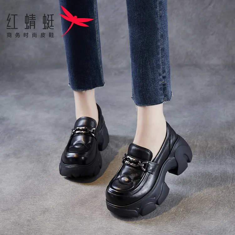 红蜻蜓小皮鞋2025年秋季新款舒适头层牛皮百搭厚底增高女士乐福鞋
