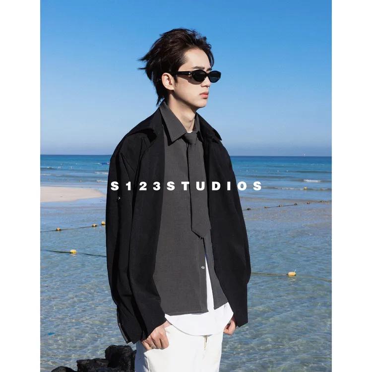 2025早秋新品 拼接领带设计假两件衬衫简约纯色宽松百搭上衣