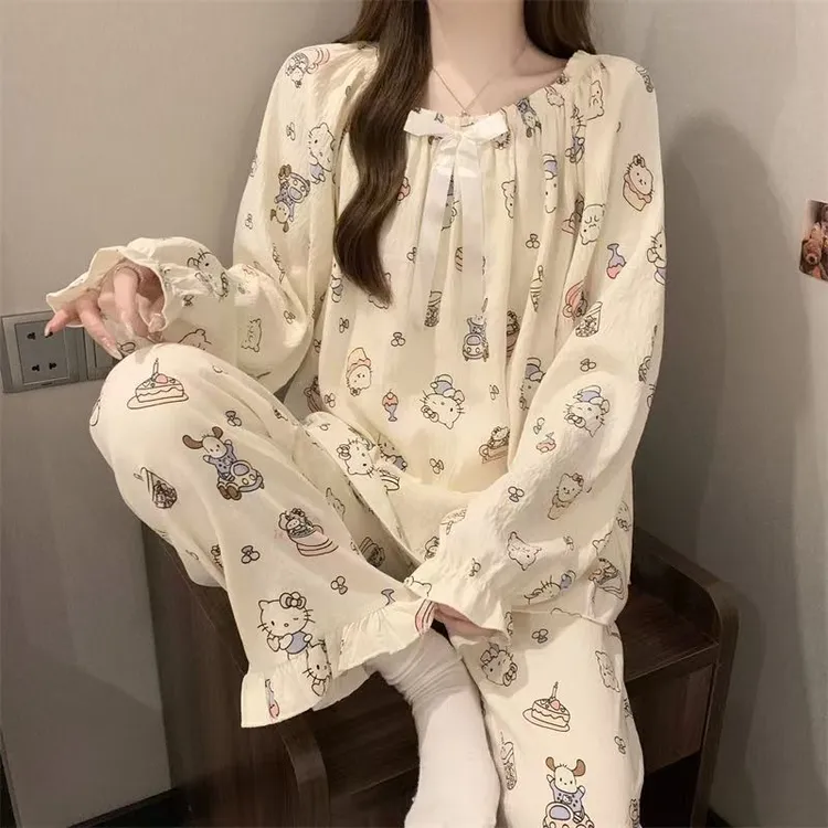 女士凯蒂猫公主风长袖长裤春秋冬季宽松可爱睡衣家居服睡衣带胸垫