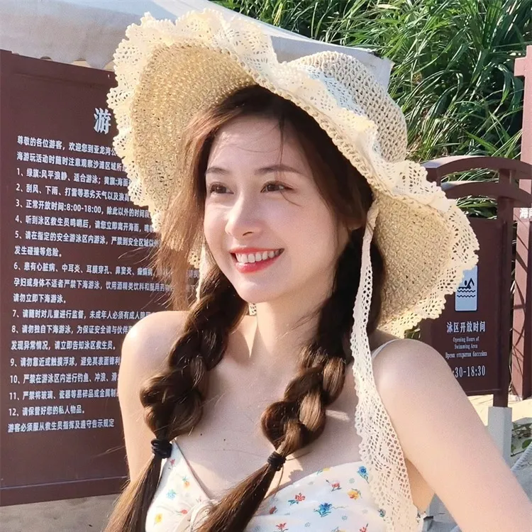网红款甜美编织草帽女夏季法式海边度假太阳帽大帽檐遮阳防晒帽子