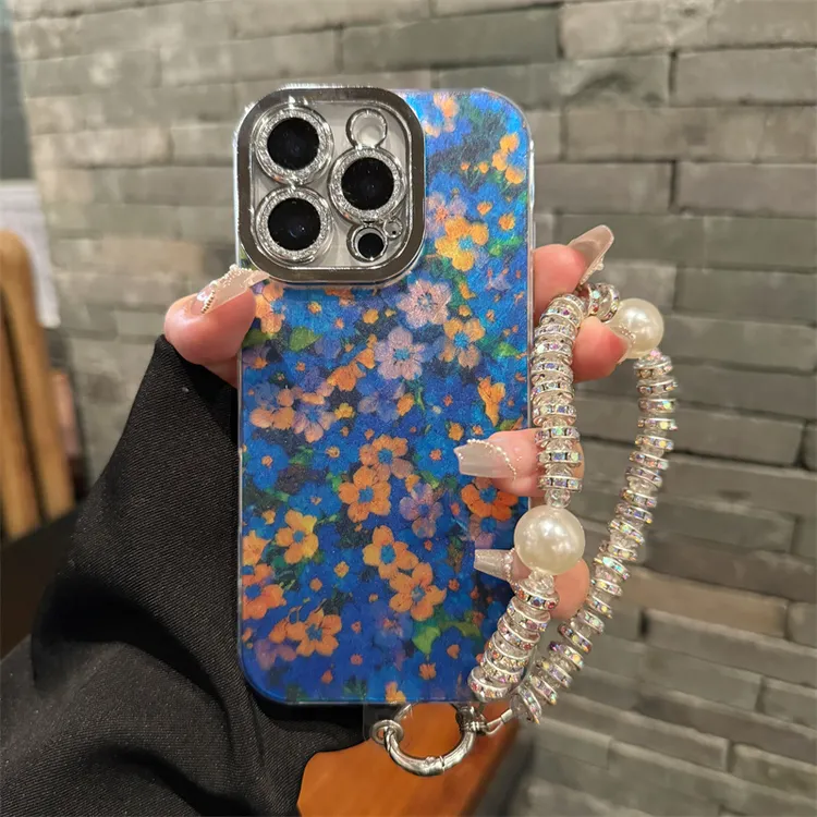 复古碎花适用苹果16Promax手机壳iphone15Pro女13软镜头膜14链条