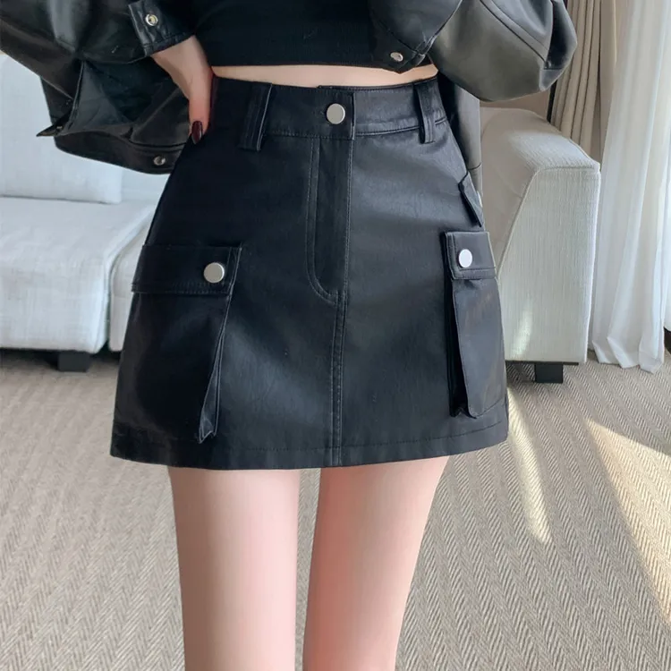 美式复古辣妹a字工装裙裤秋冬新款2025显瘦PU皮半身裙包臀一步裙