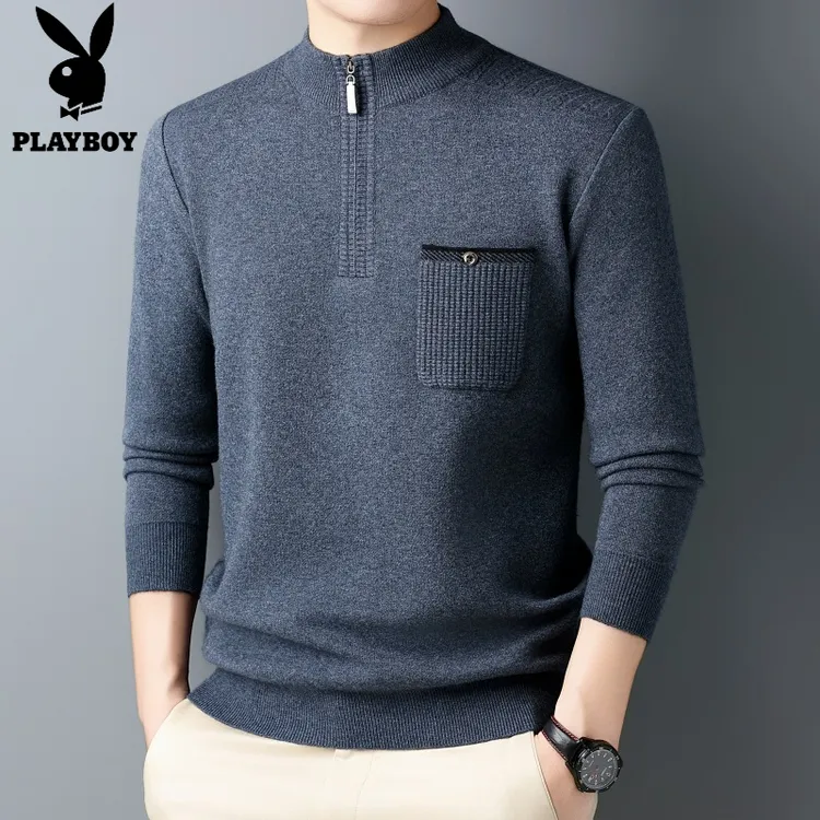 花花公子PLAYBOY半高领拉链毛衣中年男士针织衫保暖针织打底衫男