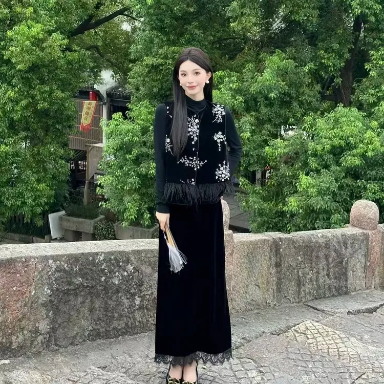 秋季新款国风马甲外套气质半身裙套装BB50409