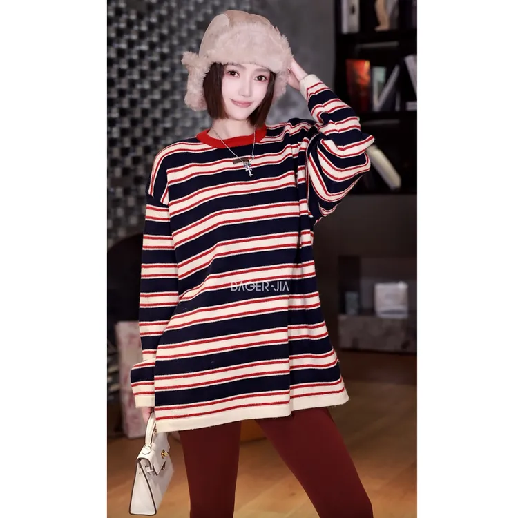 40-宝儿家含幂BV114825410XQ秋冬新款穿搭时尚宽松撞色条纹毛衣