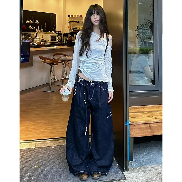 深蓝色高腰直筒牛仔裤女美式复古设计感宽松百搭休闲弯刀阔腿裤子