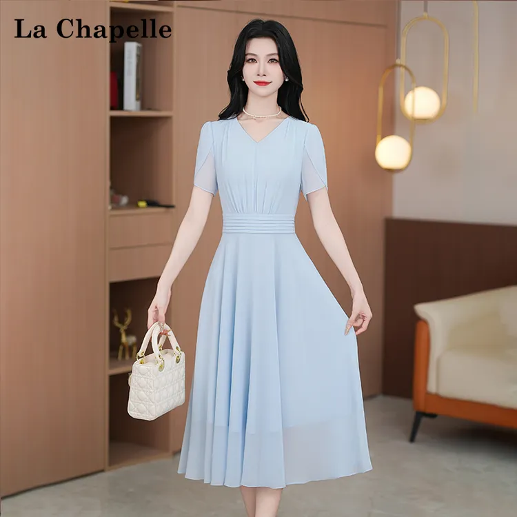 【拉夏贝尔】夏季法式设计感显瘦松紧腰短袖连衣裙女