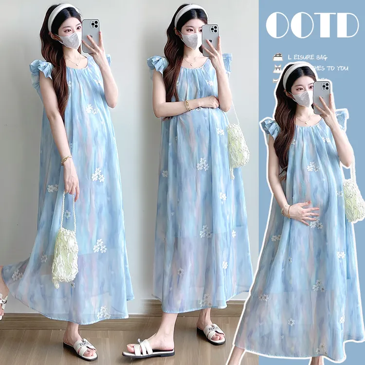 孕妇装夏装小飞袖印染刺绣连衣裙新中式国风裙子夏季减龄孕妇裙夏